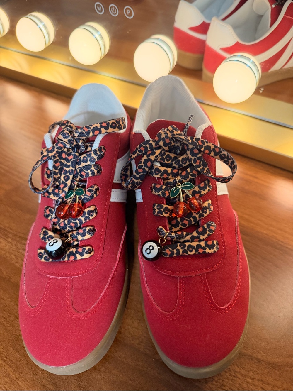 Red Suede Sneakers with Leopard Laces & Cherry Charms